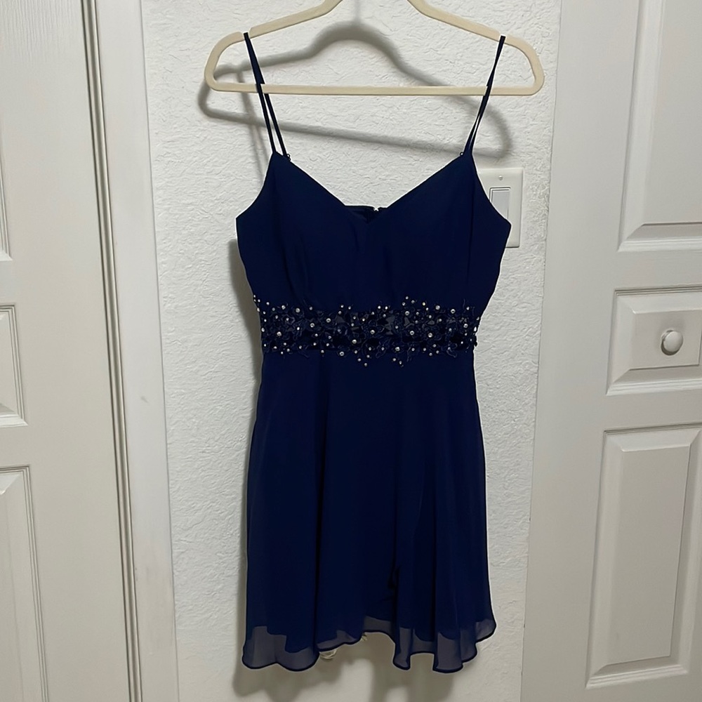 City Studio Navy Blue Juniors' Lace-Trim Fit & Flare dress in size 7